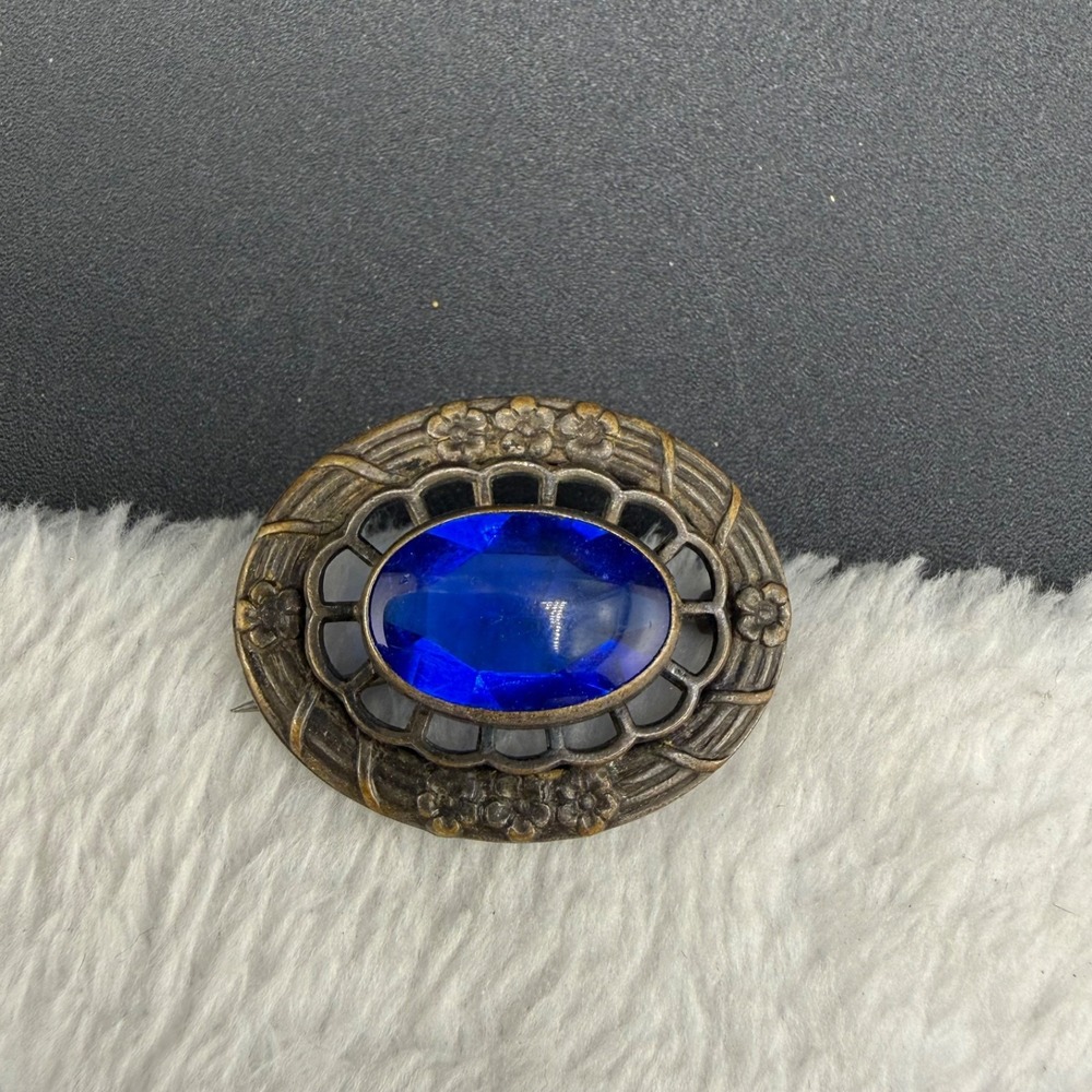 Vintage Estate Brooch Blue Rhinestone Art Deco Silver Tone Floral Oval